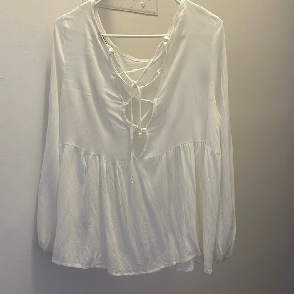 NEW! White Thin Charlotte Russe Blouse w/ Lace up front & Peplum Style bottom